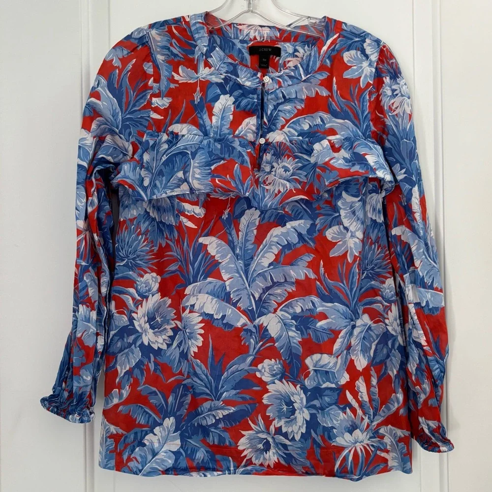J. Crew Red and Blue Flowers Pullover Ruffle Boho Blouse Long Sleeves